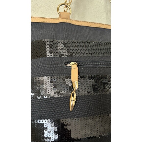 Iman Black Striped Sequined Tan Trimmed Gold Chain Shoulder Straps Tote Bag - Picture 5 of 15